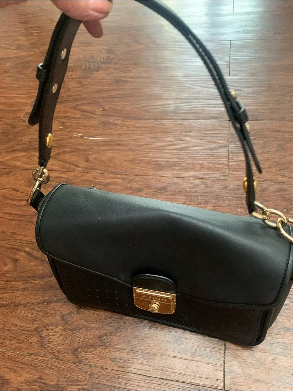 Black Longchamp  Leather Shoulder Bag with Gold Hardware